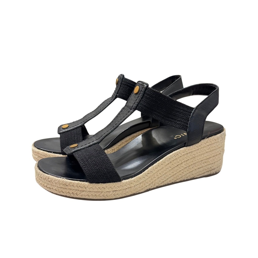Vionic Calera Wedge Espadrille Sandals Women 9.5 Black Excellent Leather T-Strap - Picture 2 of 9
